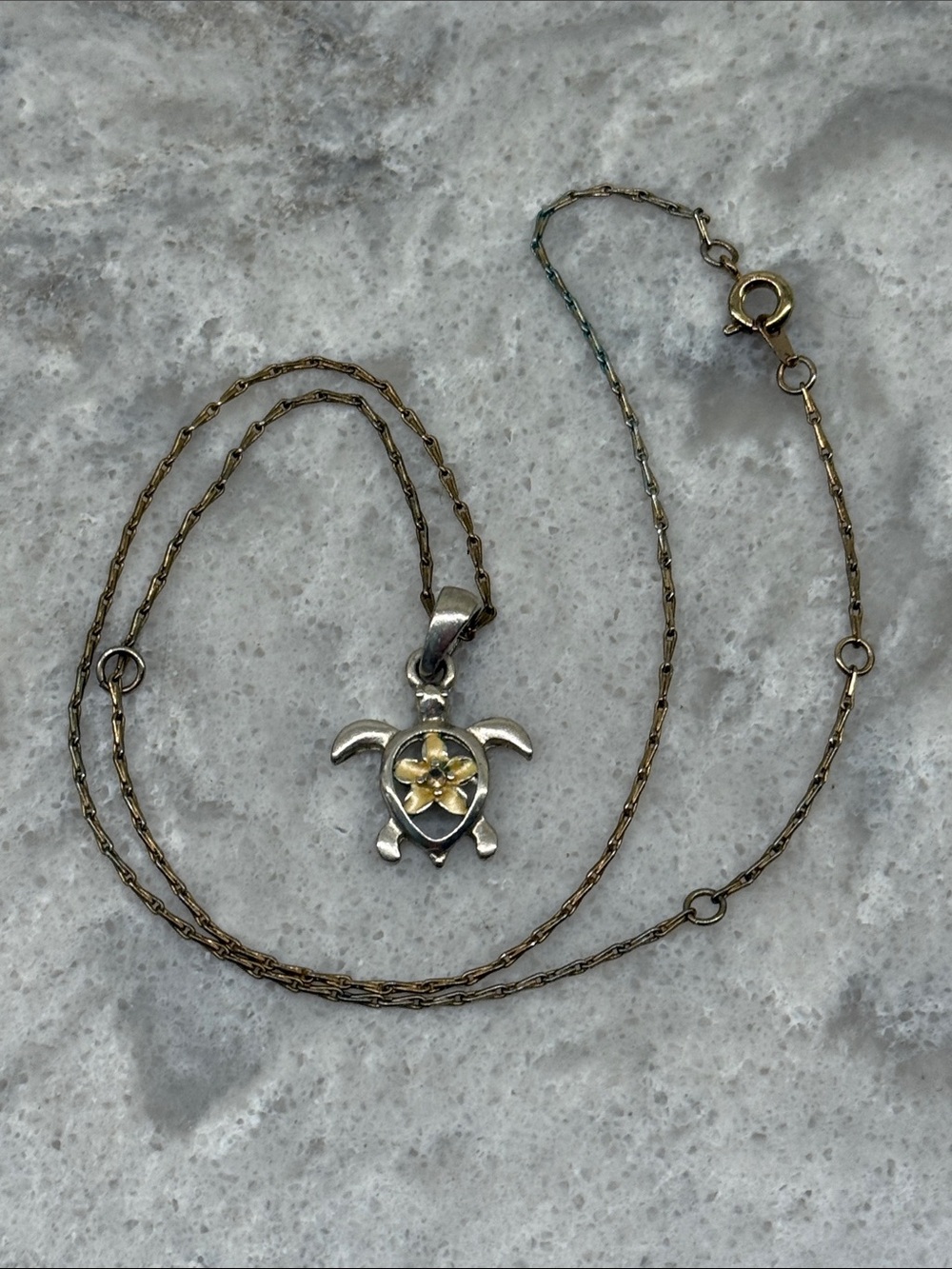 Lia Turtle Pendant Necklace with Gold Flower Accent - Silver and Gold tone.